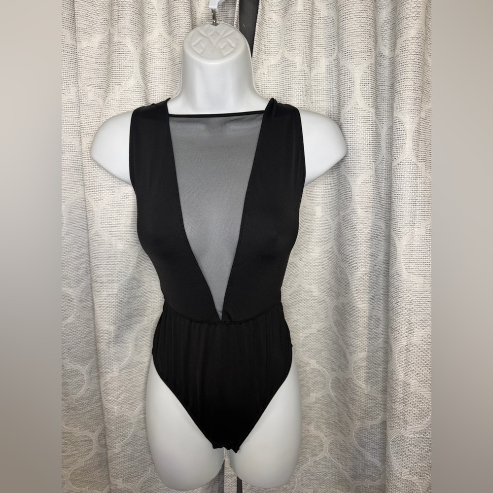 Victoria’s Secret Black Mesh Plunge Bodysuit Size M Sexy Sheer